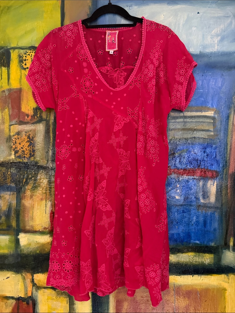 Johnny Was embroidered butterfly tunic- scoop neckline & short flutter sleeves S